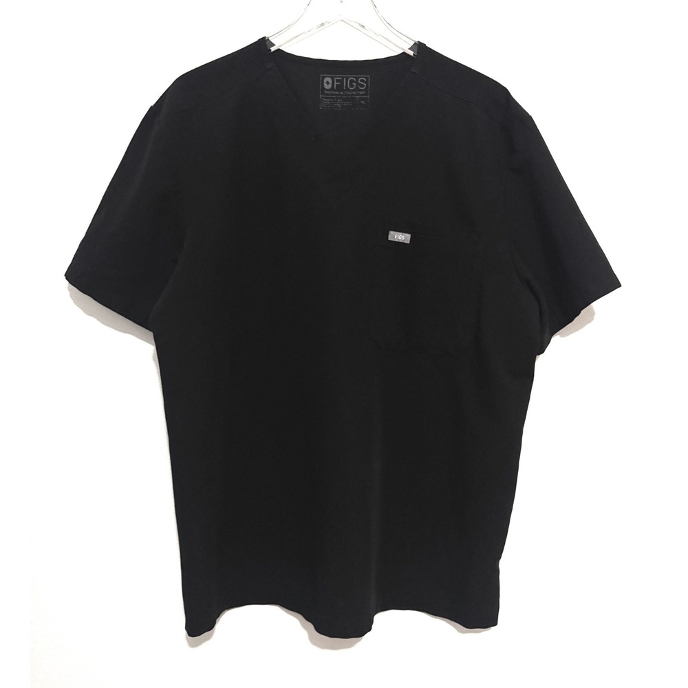 FIGS Black Men's V-Neck Medical Scrub Top Short Sleeve With Pocket